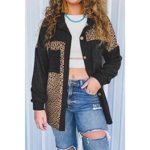 Azura Exchange  Black Leopard Print Patchwork Shacket - Picture 3 of 5